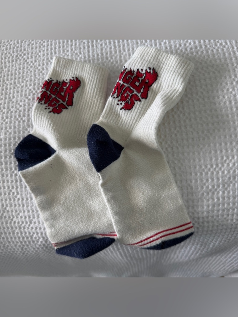 White Crew Socks with Red Graphic and Navy Accents // Stranger Things